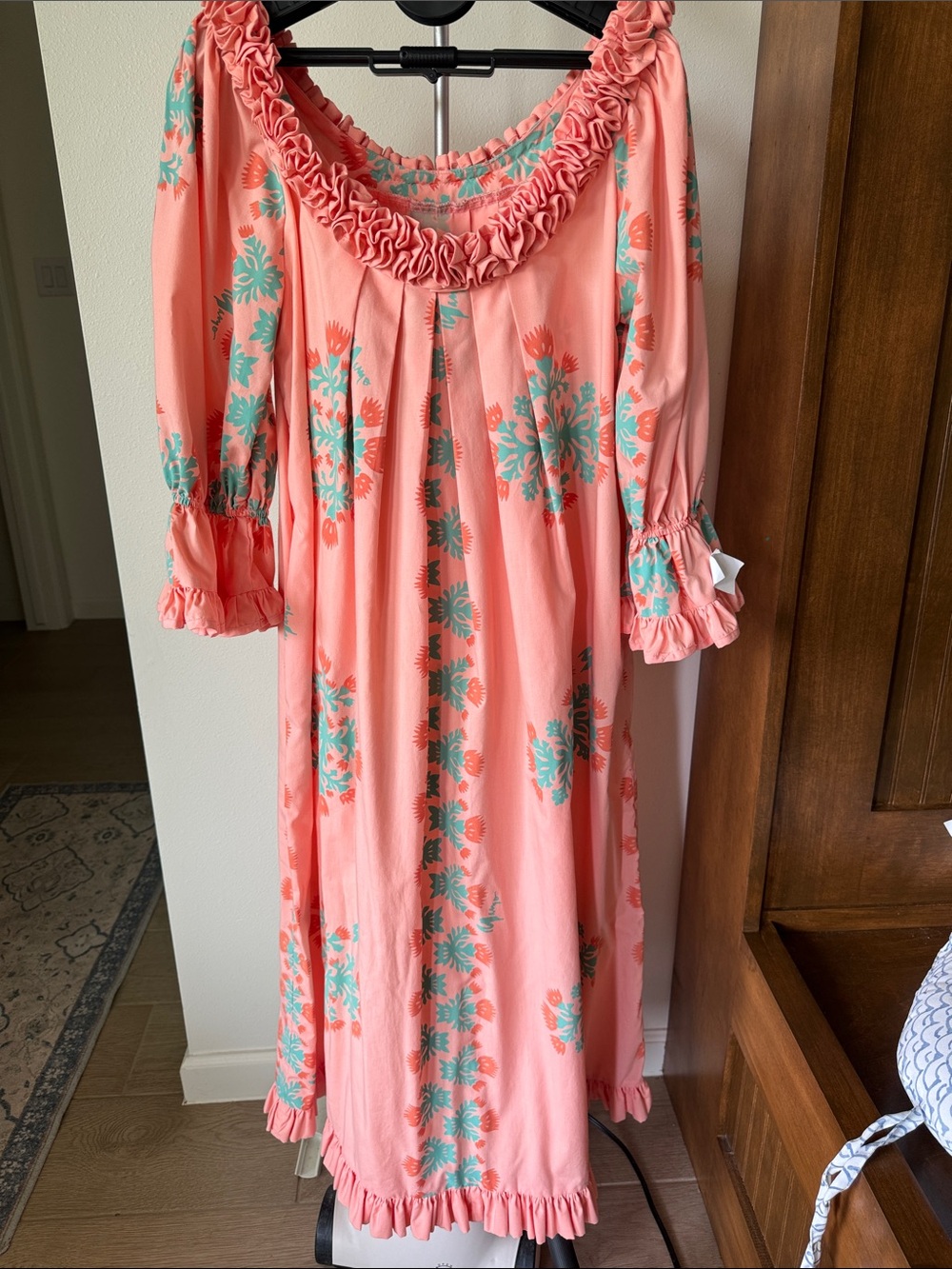 Peach Floral Maxi Dress with Ruffle Trim